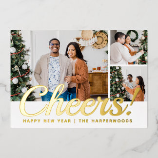 Modern 3 Photo Collage Cheers Happy New Year  箔シーズンカード