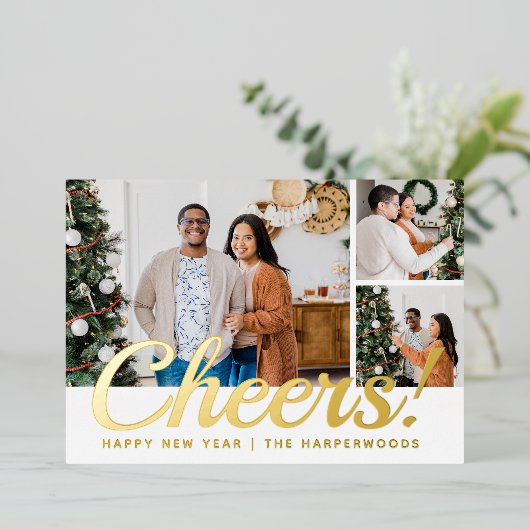 Modern 3 Photo Collage Cheers Happy New Year  箔シーズンカード (立ち正面)