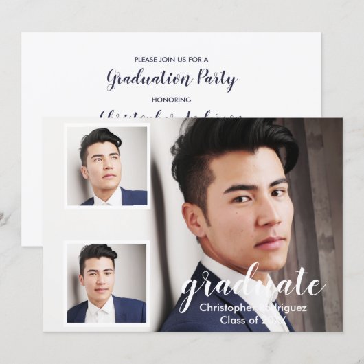 Modern 3 Photo Graduation 招待状 (正面/裏面)