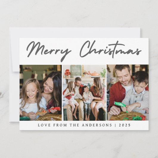 Modern 3 Photo Grid Merry Christmas Family シーズンカード (正面)