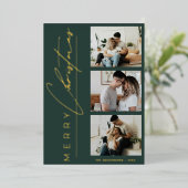Modern 3 Photo Minimalist Green Christmas Script 箔シーズンカード (立ち正面)