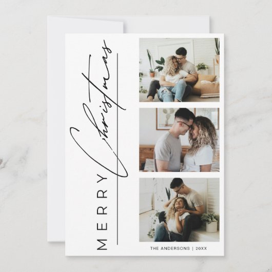 Modern 3 Photo Minimalist Merry Christmas Script シーズンカード (正面)