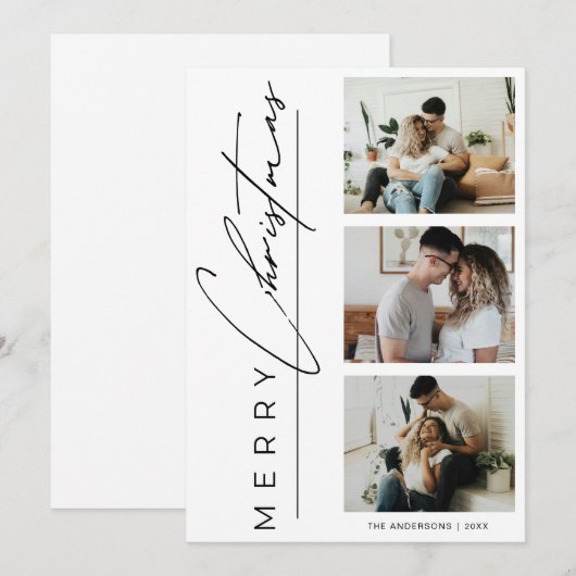 Modern 3 Photo Minimalist Merry Christmas Script シーズンカード (正面/裏面)