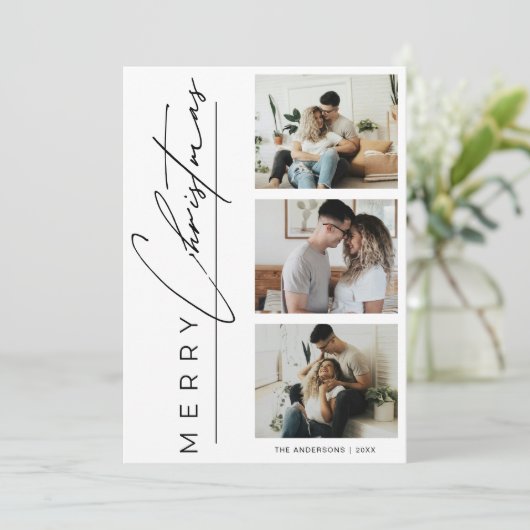 Modern 3 Photo Minimalist Merry Christmas Script シーズンカード (スタンド正面)