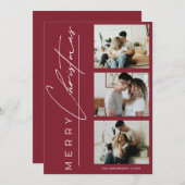 Modern 3 Photo Minimalist Red Christmas Script シーズンカード (正面/裏面)