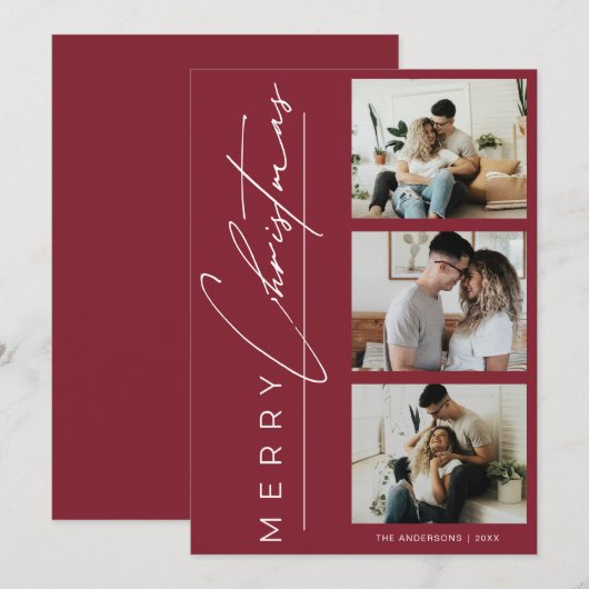 Modern 3 Photo Minimalist Red Christmas Script シーズンカード (正面/裏面)
