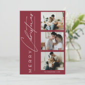 Modern 3 Photo Minimalist Red Christmas Script シーズンカード (スタンド正面)