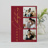 Modern 3 Photo Minimalist Red Christmas Script 箔シーズンカード (立ち正面)