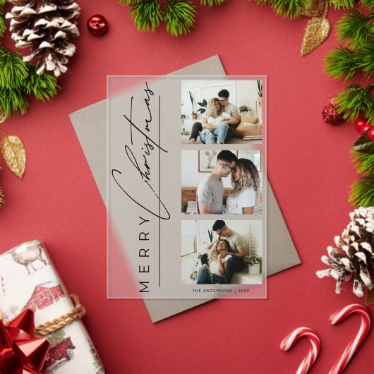 Modern 3 Photo Minimalist Script Christmas Card アクリル招待状 (インサイチュ (クリスマス))