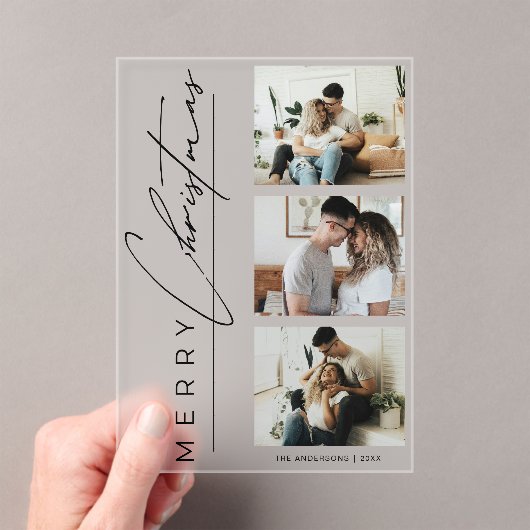 Modern 3 Photo Minimalist Script Christmas Card アクリル招待状 (インサイチュ (ポータブル))