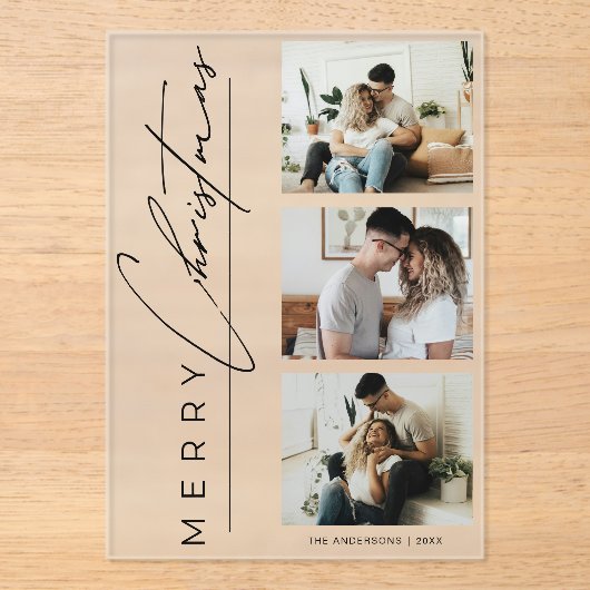 Modern 3 Photo Minimalist Script Christmas Card アクリル招待状 (正面)