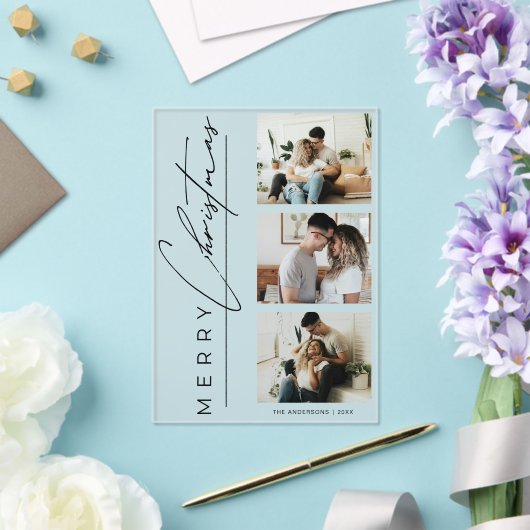 Modern 3 Photo Minimalist Script Christmas Card アクリル招待状 (インサイチュ (ウェディング))