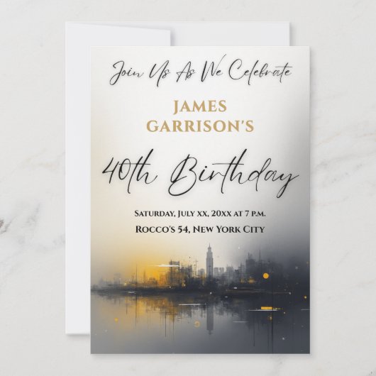 Modern 40th Birthday Party Black with Gold 招待状 (正面)