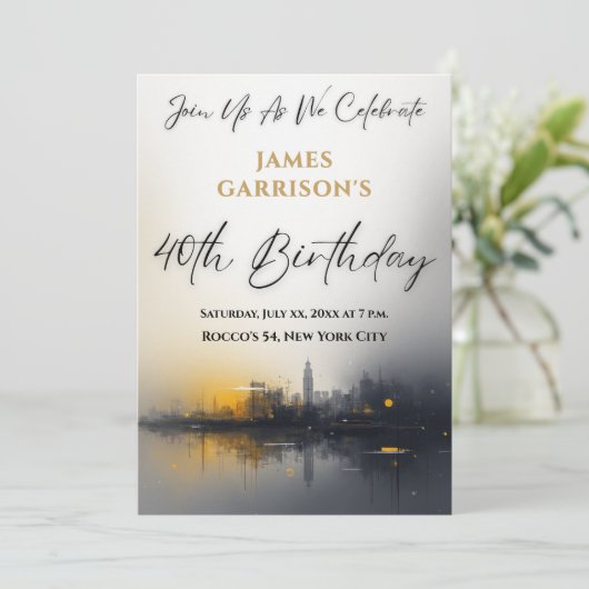 Modern 40th Birthday Party Black with Gold 招待状 (スタンド正面)