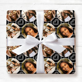 Modern 4 Photo Collage Circle Heart Pattern Black ラッピングペーパー