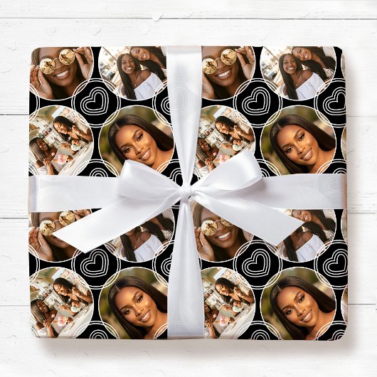 Modern 4 Photo Collage Circle Heart Pattern Black ラッピングペーパー