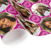 Modern 4 Photo Collage Circle Heart Pattern Pink ラッピングペーパー