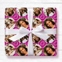 Modern 4 Photo Collage Circle Heart Pattern Pink ラッピングペーパー