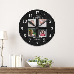 Modern 4 Photo Collage Family Name Quote Black ラウンド壁時計<br><div class="desc">Create your own photo collage wall clock with 4 of your favorite pictures. The photo clock helps you treasure your special moments and also makes a thoughtful gift for parents, grandparents and friends. The personalized wall clock with photos makes it a perfect gift for all occasions. Personalize with family name...</div>