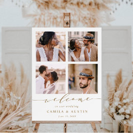 Modern 4 Photo Collage Gold Wedding Welcome Sign ポスター