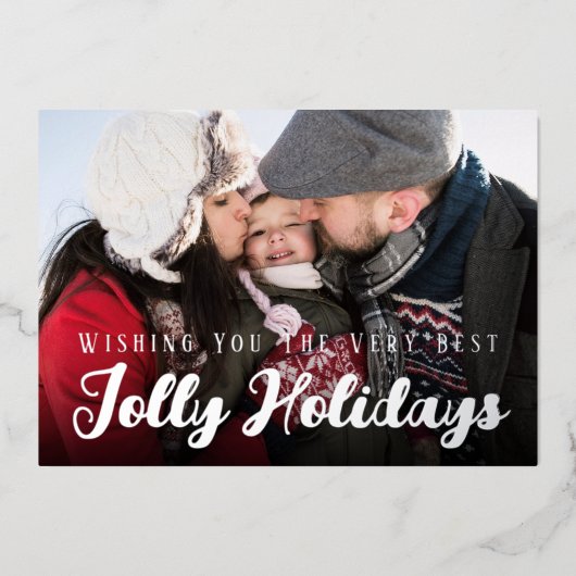 Modern 4-Photo Collage Holiday Card 箔シーズンカード (正面)