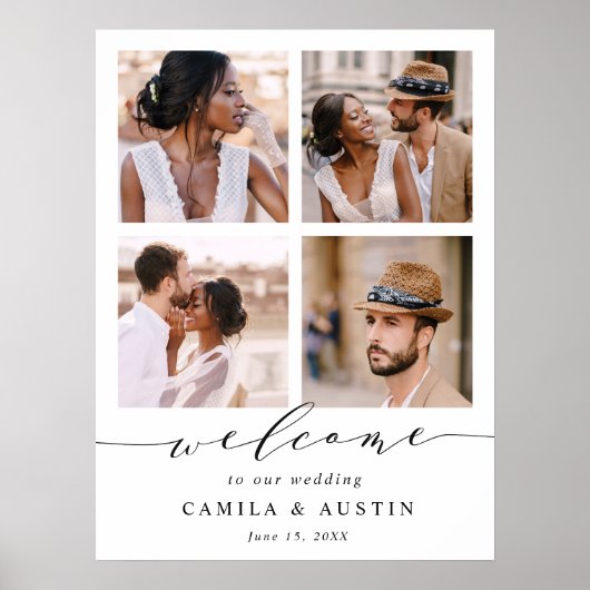 Modern 4 Photo Collage Wedding Welcome Sign ポスター (正面)