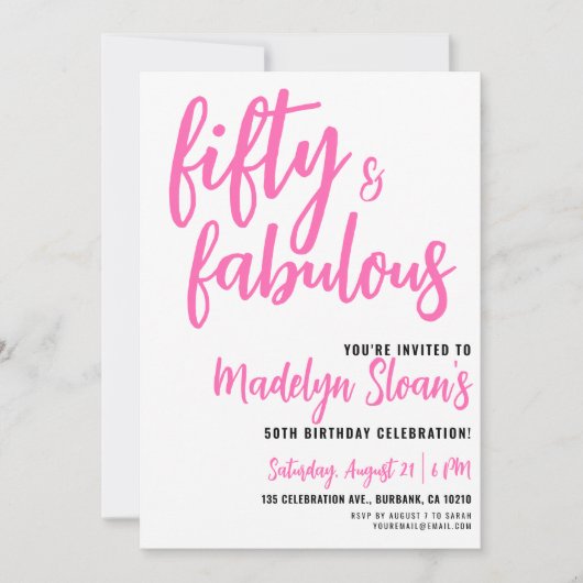 Modern 50 and Fabulous Pink 50th Birthday Party 招待状 (正面)
