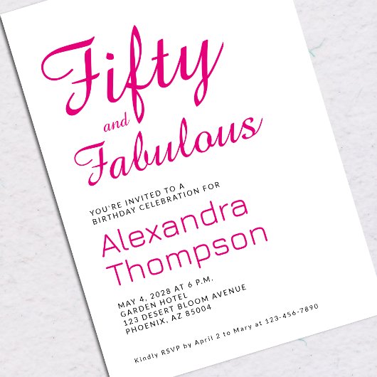 Modern 50 and Fabulous Pink 50th Birthday Party 招待状