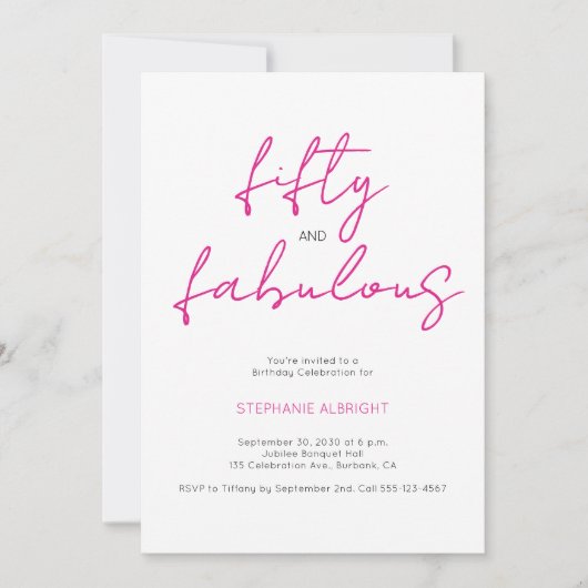 Modern 50 and Fabulous Pink 50th Birthday Party In 招待状 (正面)