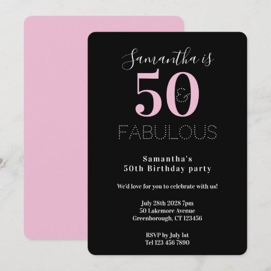 Modern 50 Fabulous 50th Birthday Black Pink Party 招待状 (正面/裏面)