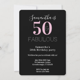 Modern 50 Fabulous 50th Birthday Black Pink Party 招待状