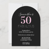 Modern 50 Fabulous 50th Birthday Black Pink Party 招待状 (正面)