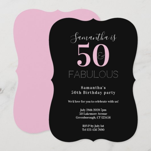 Modern 50 Fabulous 50th Birthday Black Pink Party 招待状 (正面/裏面)