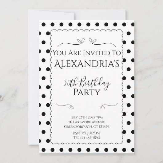 Modern 50th Birthday Party Black and White 招待状 (正面)