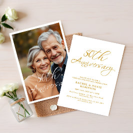 Modern 50th Wedding Anniversary Gold Script Photo 招待状