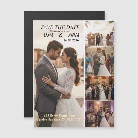 Modern 5 Photo Wedding Save the Date Card マグネット招待状 (正面/裏面)