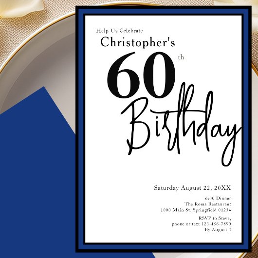 Modern 60th Birthday Invitation Elegant Black Blue 招待状