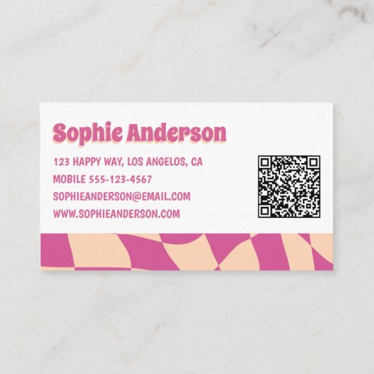 Modern 70s Retro Pink Wavy with QR Code 名刺 (裏面)