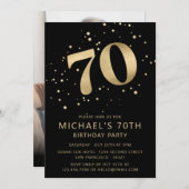 Modern 70th Seventy Birthday Photo Gold Glitter 招待状 (正面/裏面)