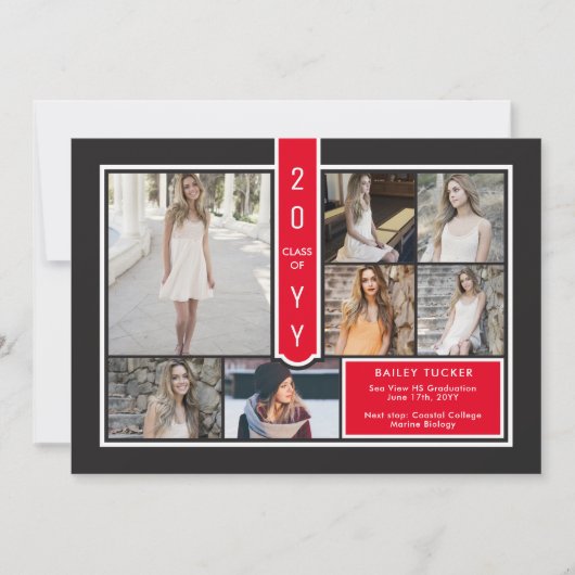 Modern 7-Photo College Red & Black Graduation 案内状 (正面)