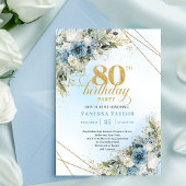 Modern 80th Birthday Invite Boho Dusty Blue Floral 招待状