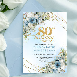 Modern 80th Birthday Invite Boho Dusty Blue Floral 招待状