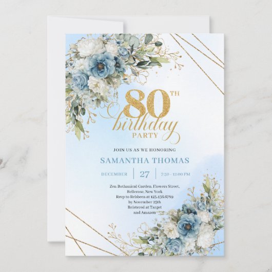 Modern 80th Birthday Invite Boho Dusty Blue Floral 招待状 (正面)