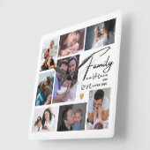 Modern 8 Photo Collage Family Quote Black & White スクエア壁時計 (傾斜)