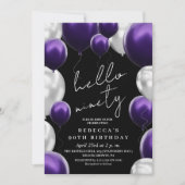 Modern 90th Birthday Black Silver Purple Balloons  招待状 (正面)