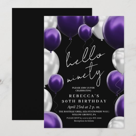 Modern 90th Birthday Black Silver Purple Balloons  招待状 (正面/裏面)