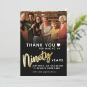 Modern 90th birthday gold black ninety script サンキューカード (スタンド正面)