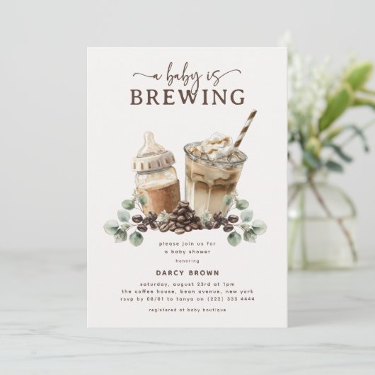 Modern 'a Baby is Brewing' Coffee Baby Shower 招待状 (スタンド正面)