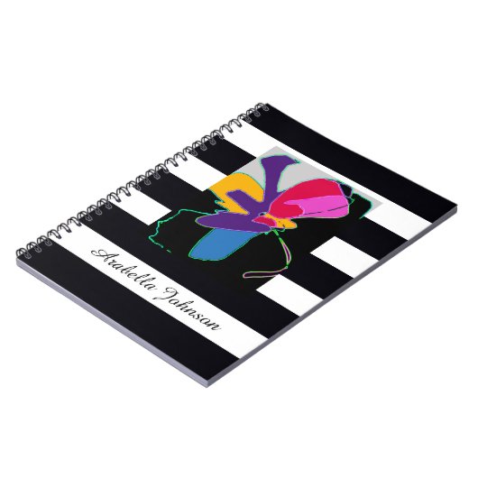  Modern Abstract Art + Custom Name Chic B&W Stripe ノートブック (左側)