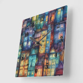 Modern Abstract Art Houses Watercolor Colorful スクエア壁時計 (傾斜)